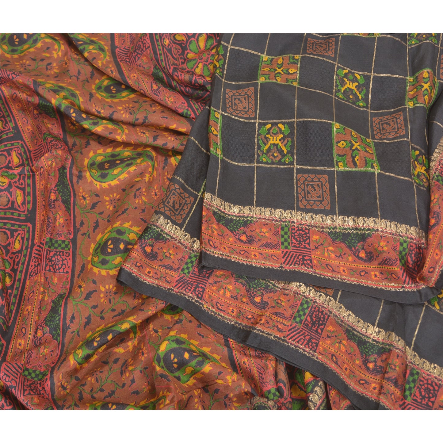 Sanskriti Vintage Black Heavy Indian Sarees Pure Silk Printed Woven Sari Fabric