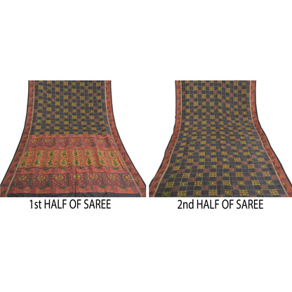 Sanskriti Vintage Black Heavy Indian Sarees Pure Silk Printed Woven Sari Fabric
