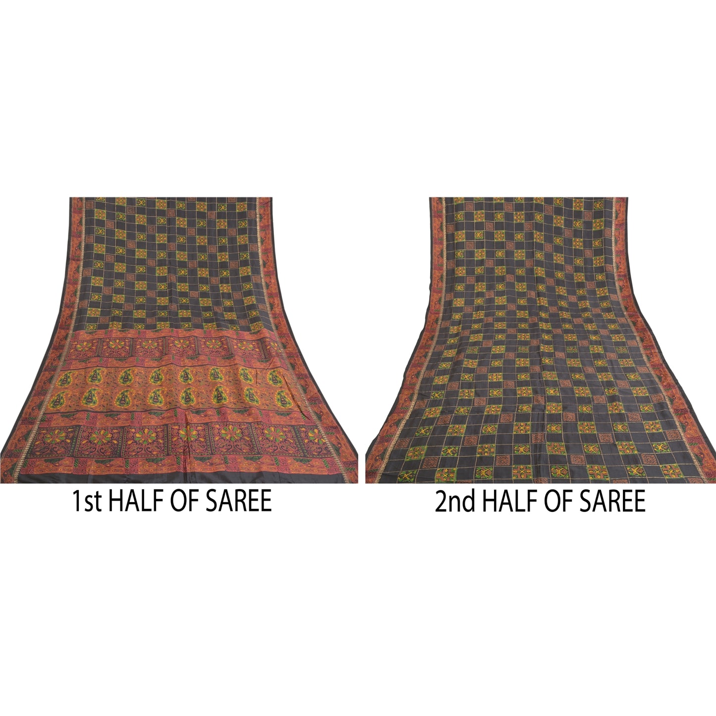 Sanskriti Vintage Black Heavy Indian Sarees Pure Silk Printed Woven Sari Fabric