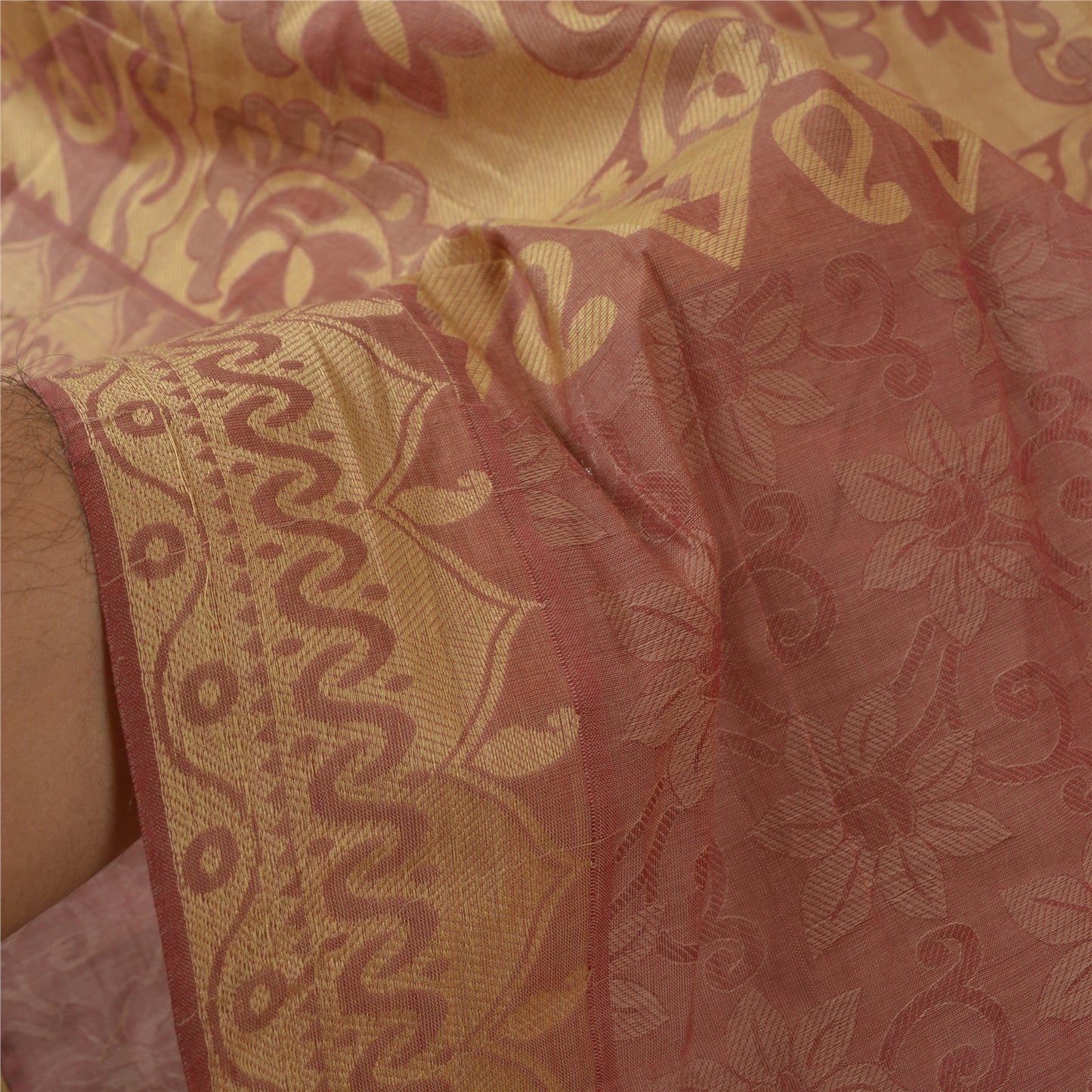 Sanskriti Vintage Saree 100% Pure Cotton Pink Indian Saree Woven Work 5yd Craft Fabric Recycled BohoQuilting Material For DIY Projects