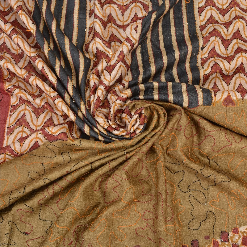 Sanskriti Vintage Green Heavy Sarees 100% Pure Silk Handmade Kantha Sari Sustainable Fabric