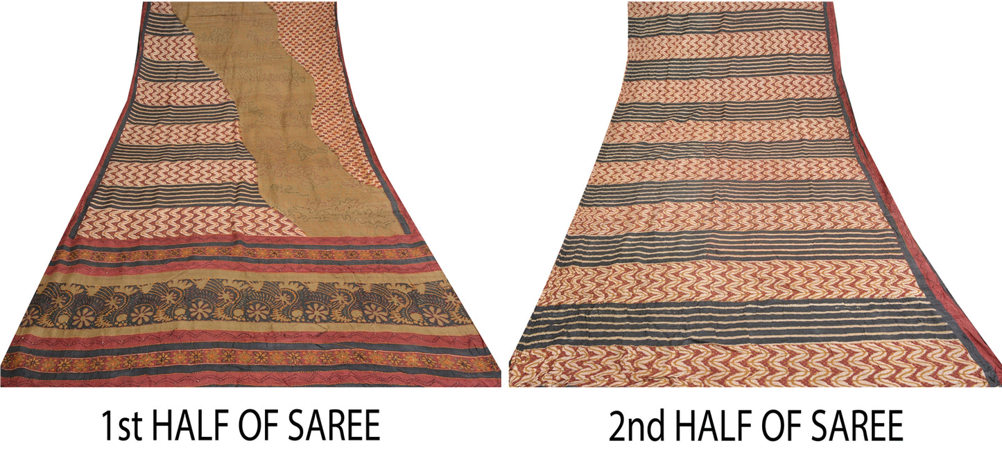 Sanskriti Vintage Green Heavy Sarees 100% Pure Silk Handmade Kantha Sari Sustainable Fabric