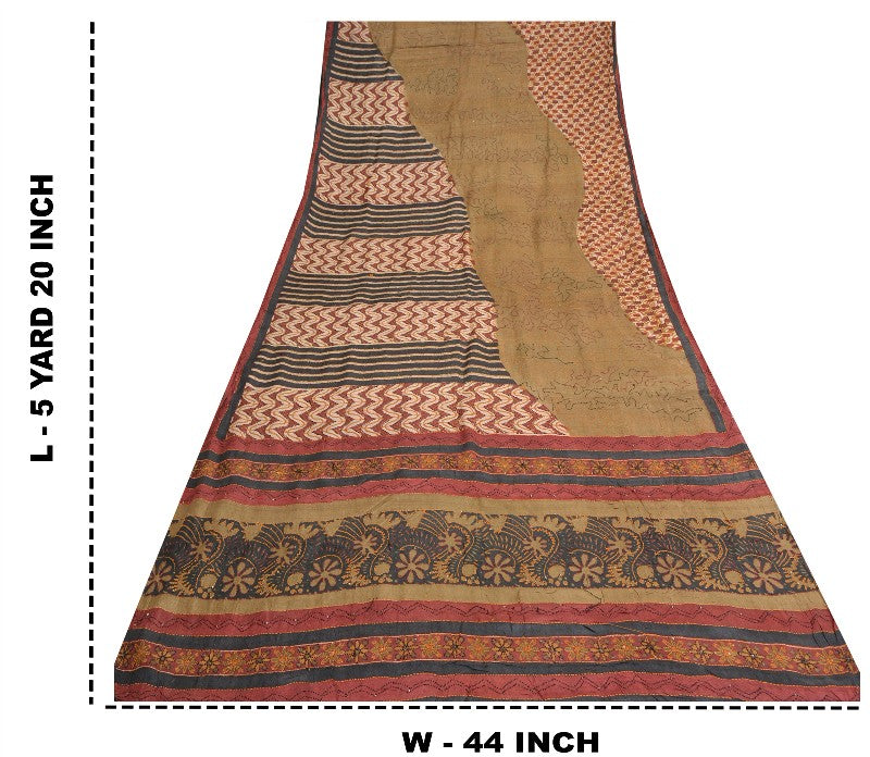 Sanskriti Vintage Green Heavy Sarees 100% Pure Silk Handmade Kantha Sari Sustainable Fabric