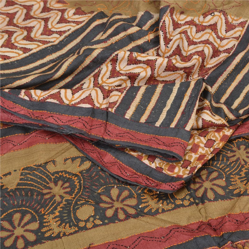 Sanskriti Vintage Green Heavy Sarees 100% Pure Silk Handmade Kantha Sari Sustainable Fabric