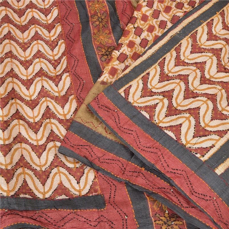 Sanskriti Vintage Green Heavy Sarees 100% Pure Silk Handmade Kantha Sari Sustainable Fabric