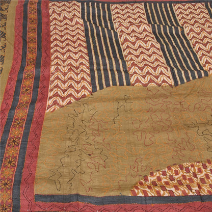 Sanskriti Vintage Green Heavy Sarees 100% Pure Silk Handmade Kantha Sari Sustainable Fabric