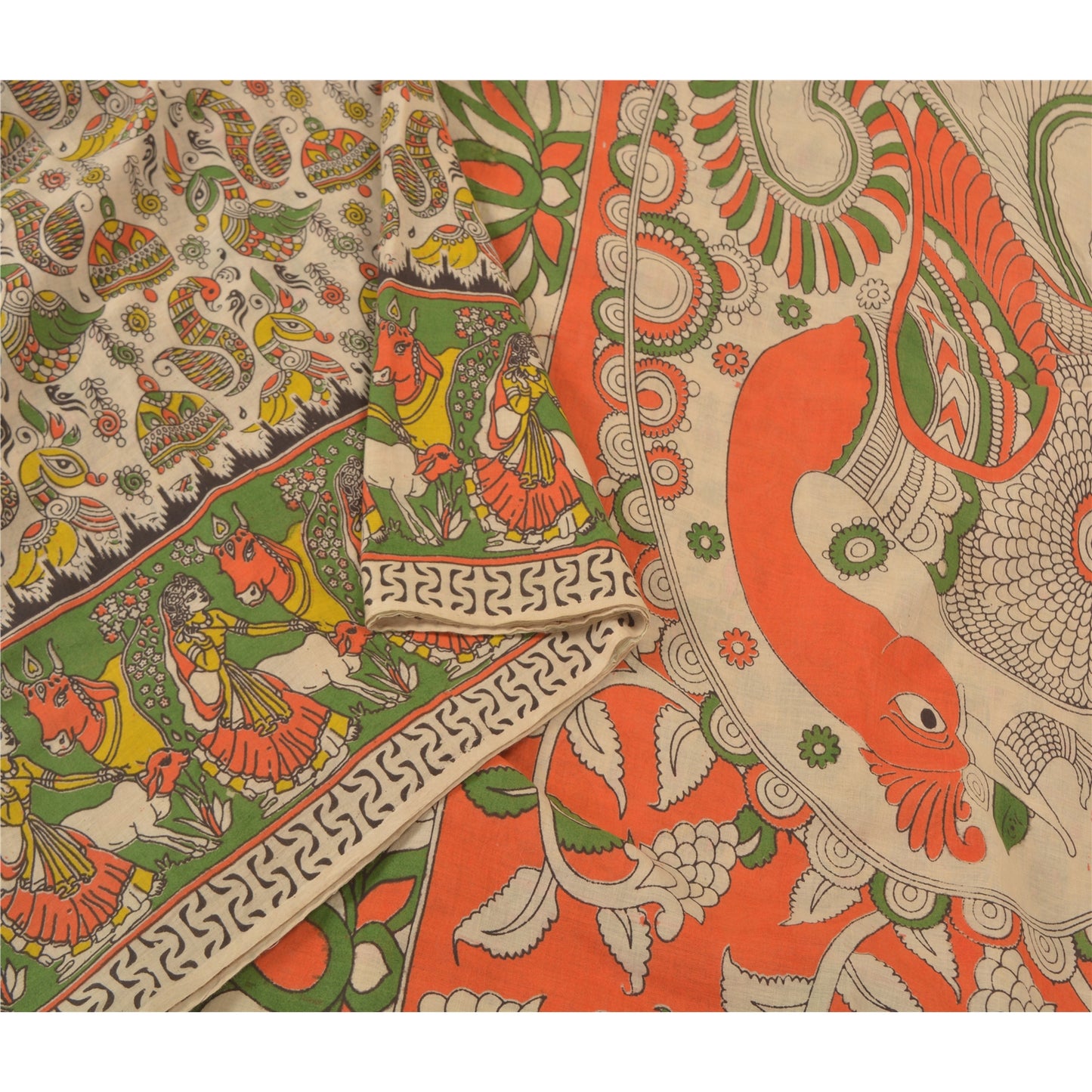 Sanskriti Vintage Ivory Heavy Sarees Pure Cotton Kalamkari Peacock Sari Fabric