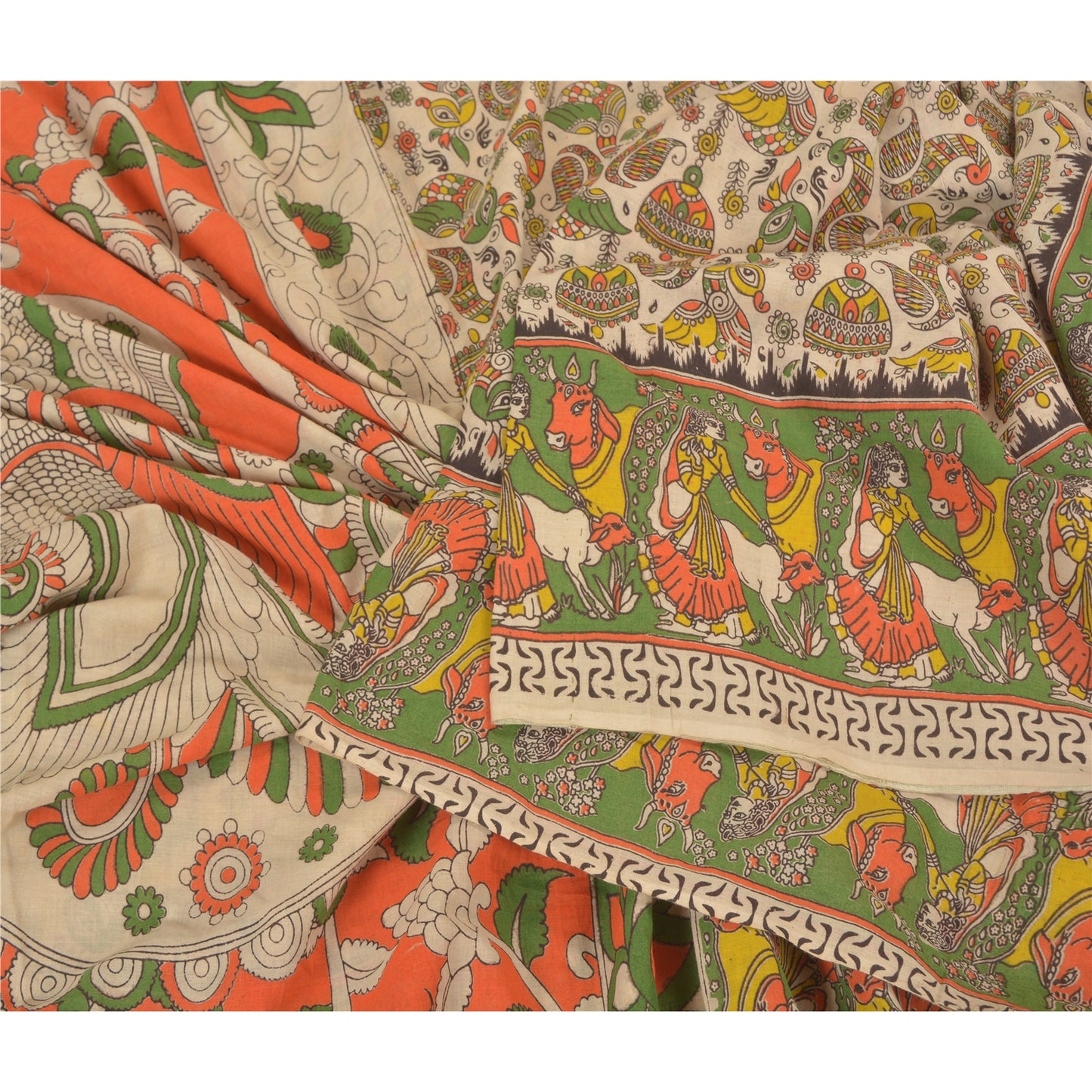 Sanskriti Vintage Ivory Heavy Sarees Pure Cotton Kalamkari Peacock Sari Fabric