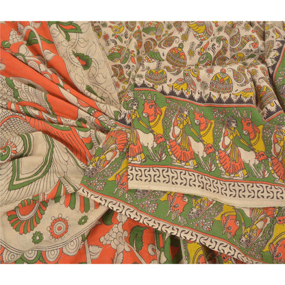 Sanskriti Vintage Ivory Heavy Sarees Pure Cotton Kalamkari Peacock Sari Fabric