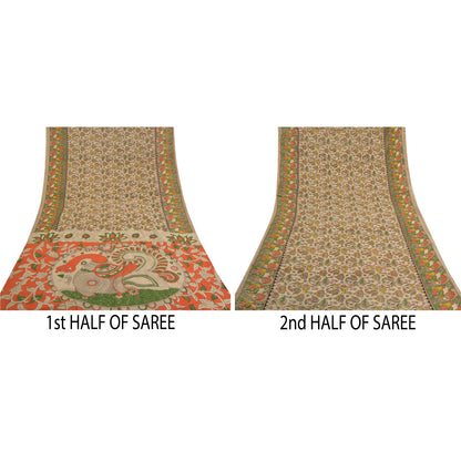 Sanskriti Vintage Ivory Heavy Sarees Pure Cotton Kalamkari Peacock Sari Fabric