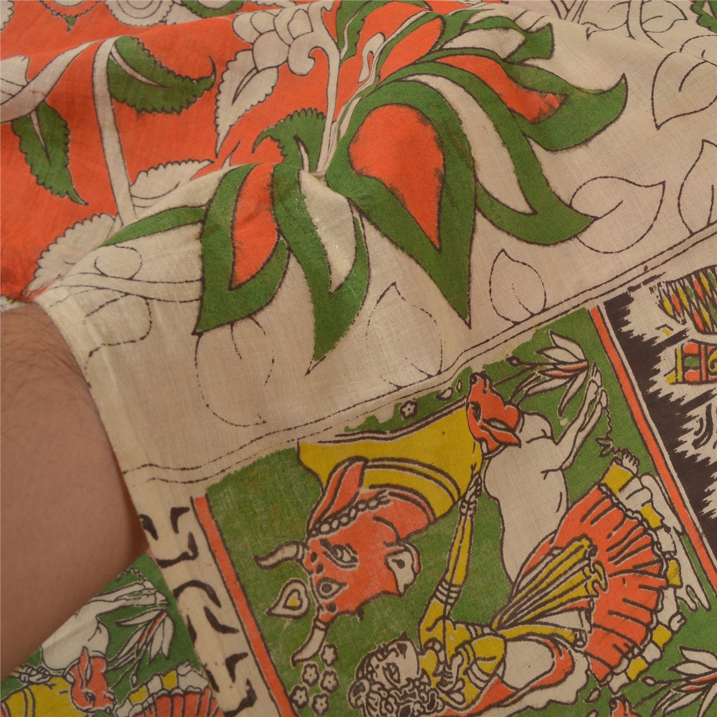 Sanskriti Vintage Ivory Heavy Sarees Pure Cotton Kalamkari Peacock Sari Fabric