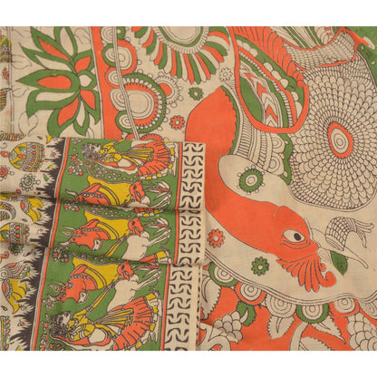 Sanskriti Vintage Ivory Heavy Sarees Pure Cotton Kalamkari Peacock Sari Fabric