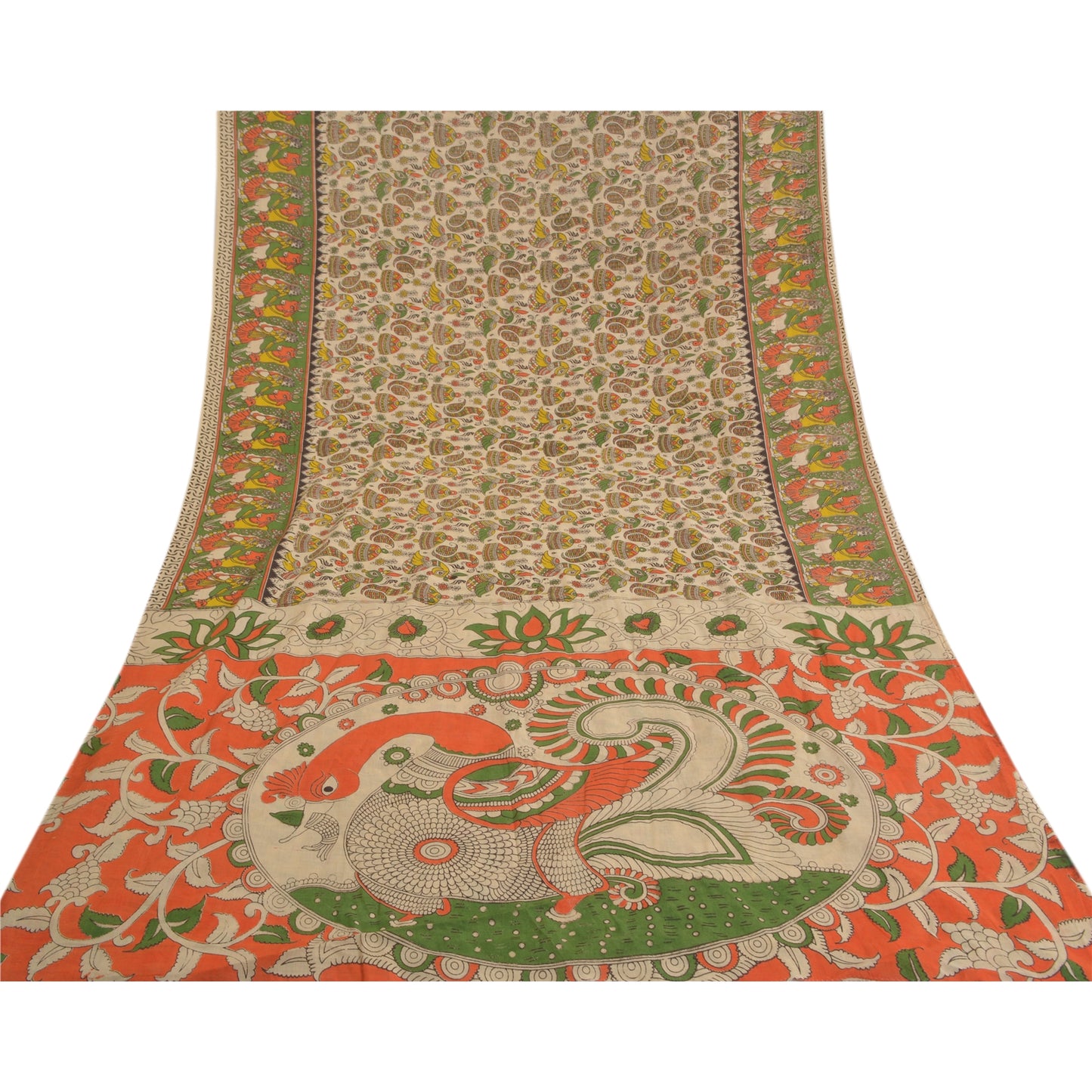 Sanskriti Vintage Ivory Heavy Sarees Pure Cotton Kalamkari Peacock Sari Fabric