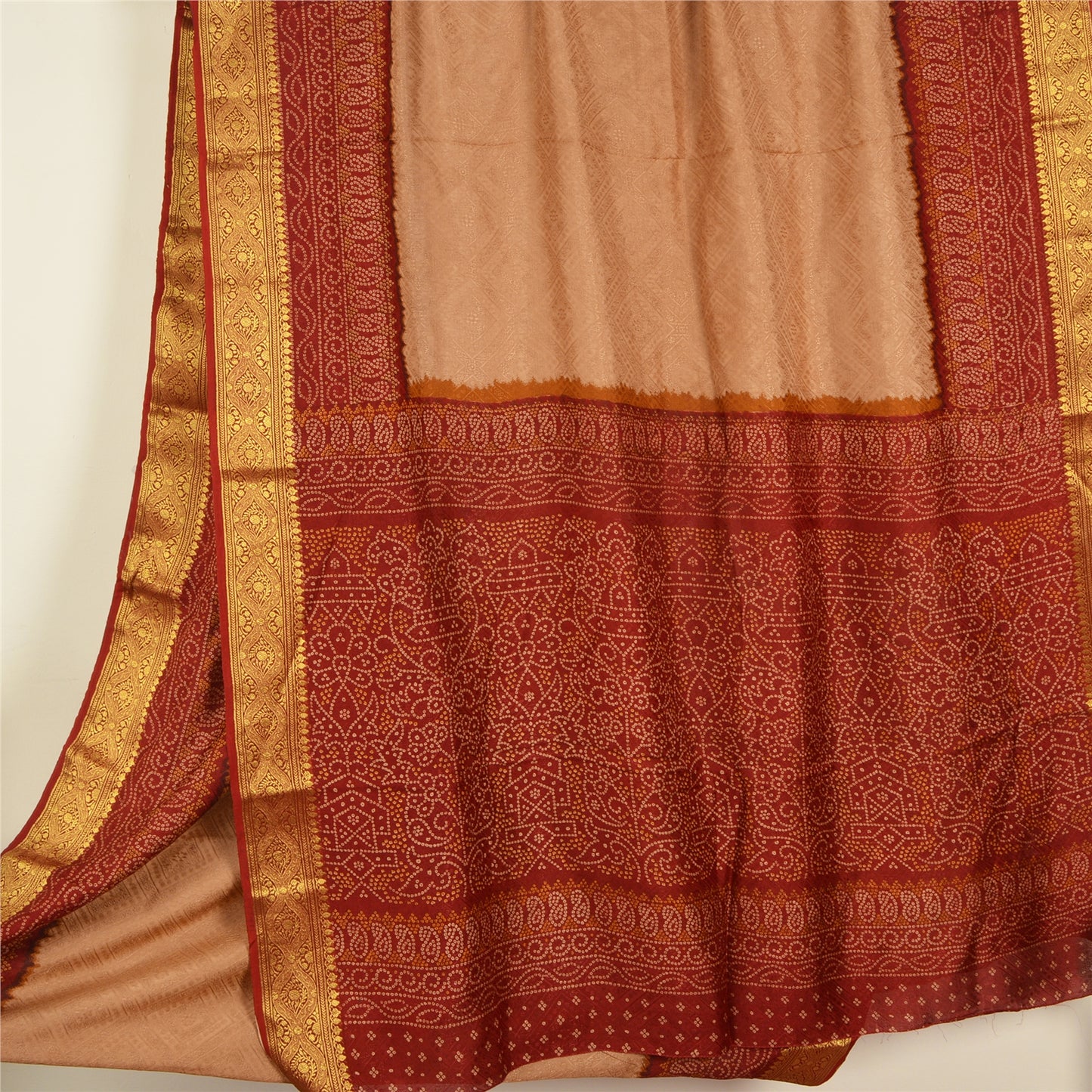 Sanskriti Vintage Dark Red Sarees Blend Silk Woven Bandhani Print Sari Fabric