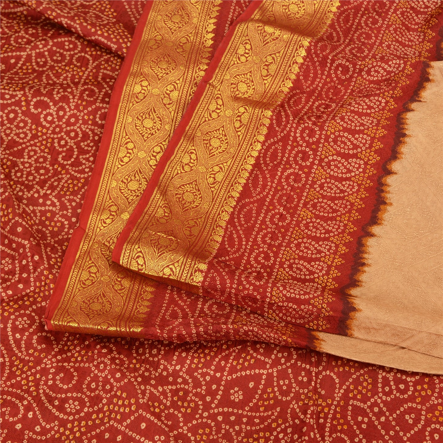 Sanskriti Vintage Dark Red Sarees Blend Silk Woven Bandhani Print Sari Fabric