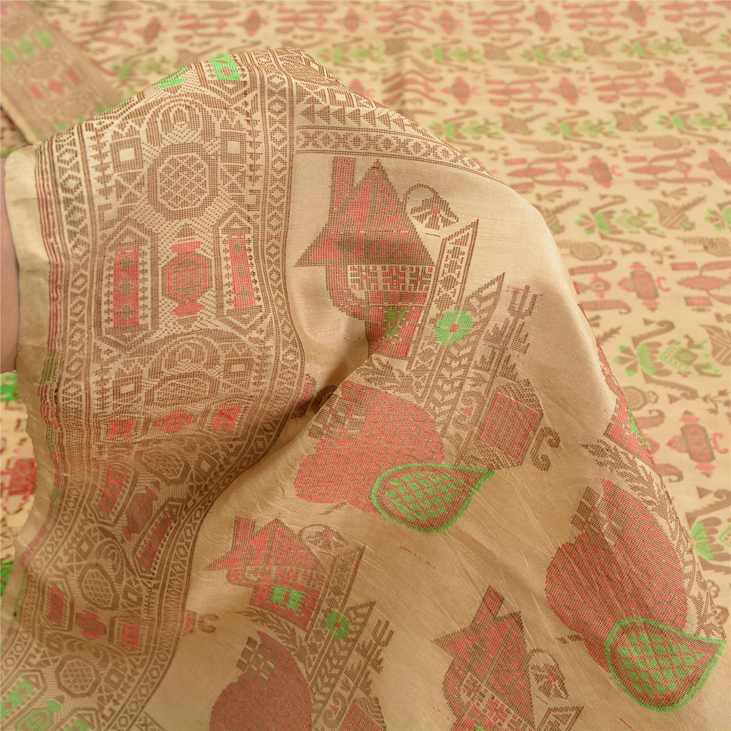 Sanskriti Vintage Fawn Craft Supplies Indian Sarees Pure Silk Woven Sari Fabric