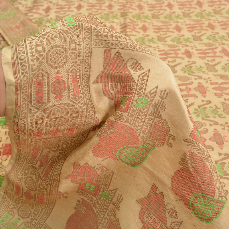 Sanskriti Vintage Fawn 100% Pure Silk Saree: Woven Floral Indian Saree Wedding Craft Fabric, By The 5 Yard upholstery fabric
