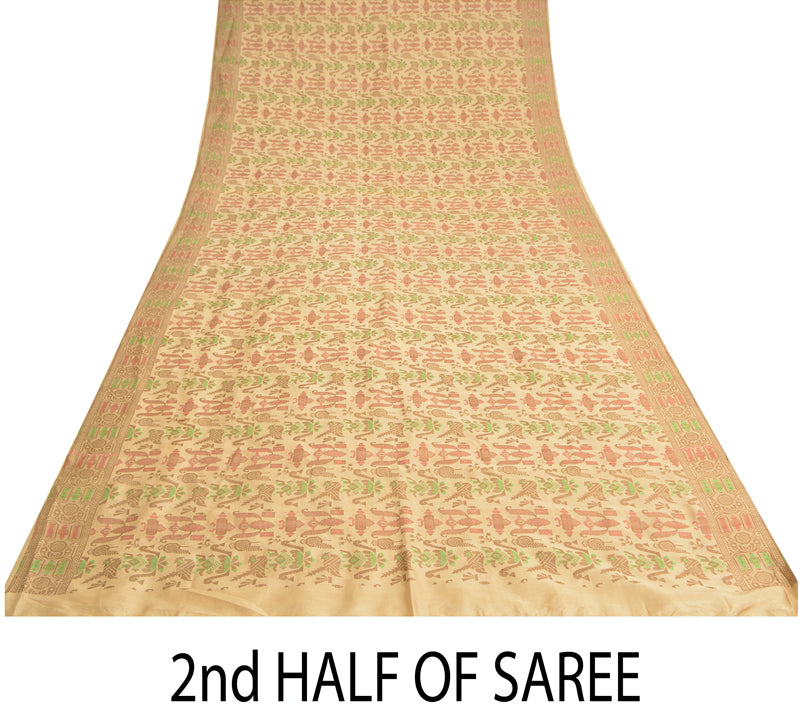 Sanskriti Vintage Fawn Craft Supplies Indian Sarees Pure Silk Woven Sari Fabric