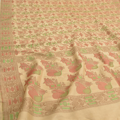 Sanskriti Vintage Fawn Craft Supplies Indian Sarees Pure Silk Woven Sari Fabric