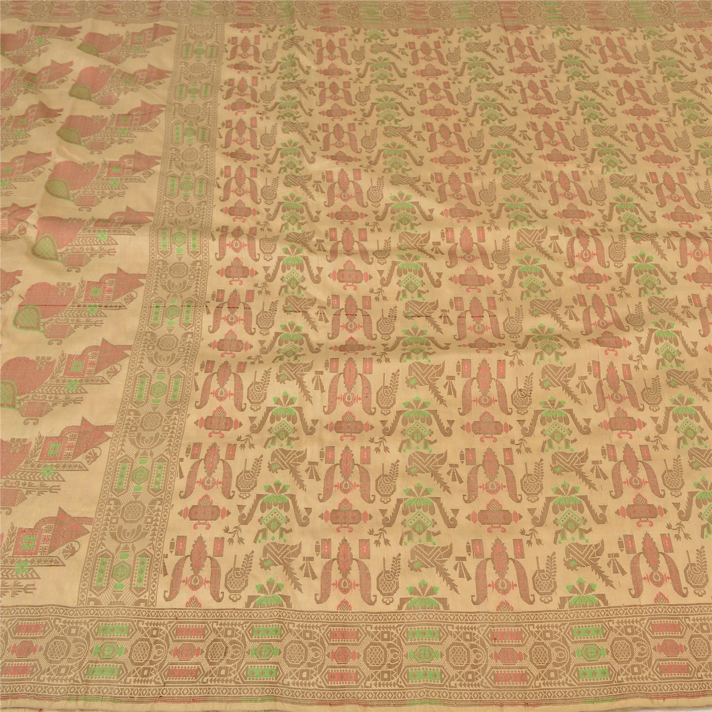 Sanskriti Vintage Fawn Craft Supplies Indian Sarees Pure Silk Woven Sari Fabric