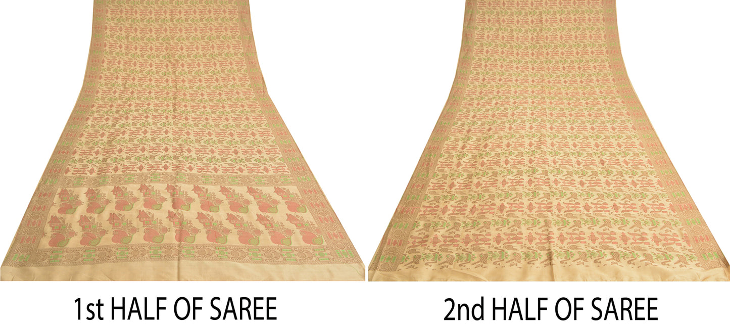 Sanskriti Vintage Fawn Craft Supplies Indian Sarees Pure Silk Woven Sari Fabric