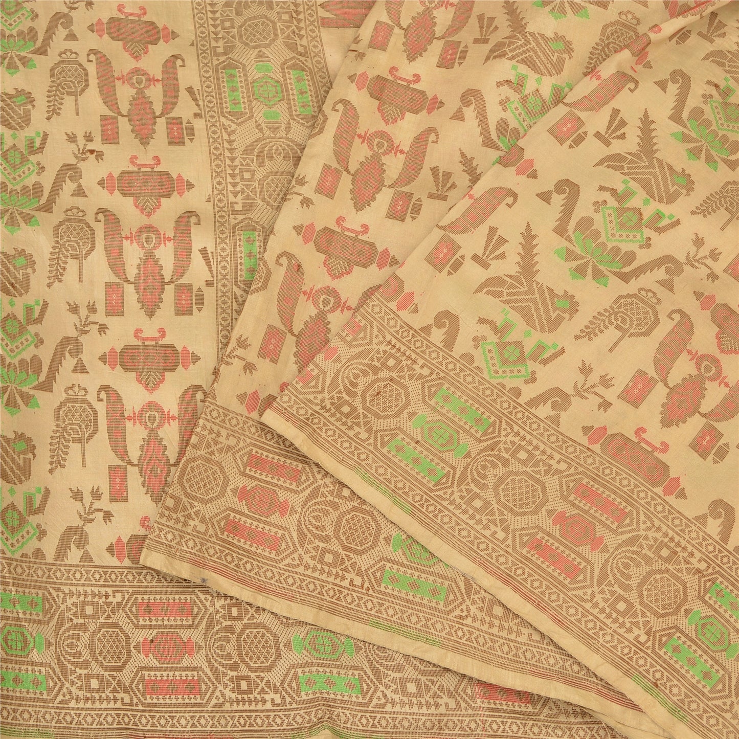 Sanskriti Vintage Fawn Craft Supplies Indian Sarees Pure Silk Woven Sari Fabric