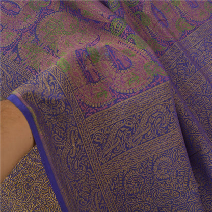 Sanskriti Vintage Saree 100% Pure Silk Blue Handwoven Heavy Sarees Banarasi Tanchoi 5yd Craft Fabric For Crafting, Upcycling, or Even Wearing, Decor