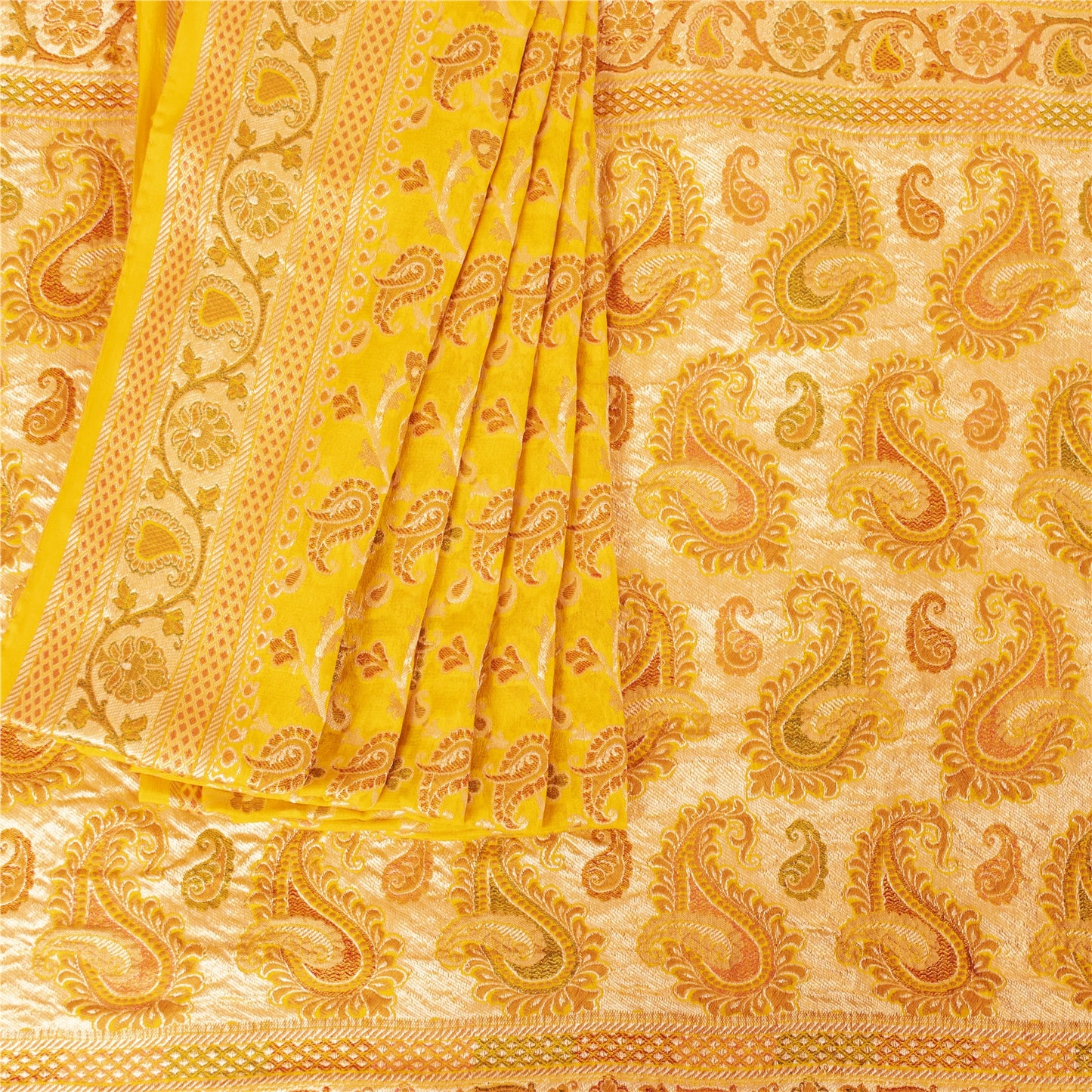 Sanskriti Vintage Yellow Indian Sarees 100% Pure Silk Woven Unique Sari Fabric