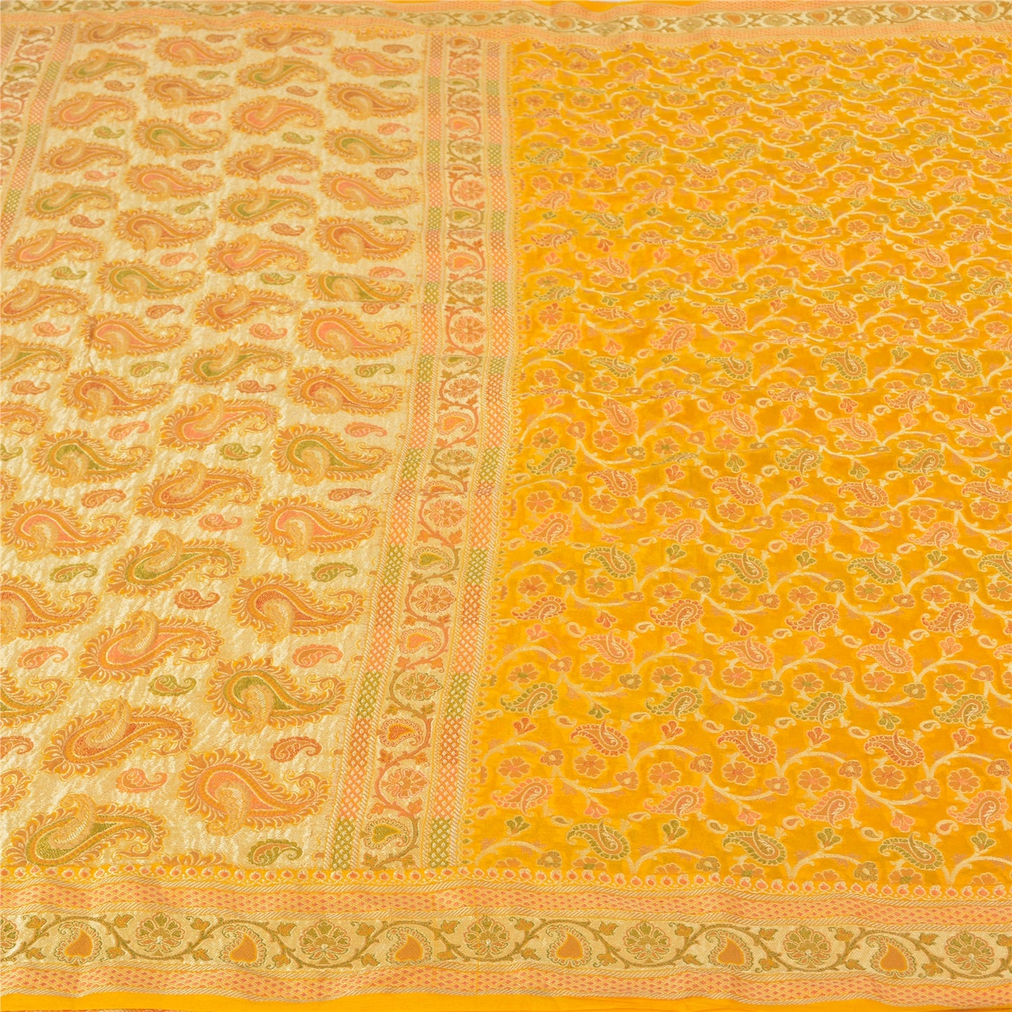 Sanskriti Vintage Yellow Indian Sarees 100% Pure Silk Woven Unique Sari Fabric