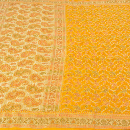 Sanskriti Vintage Yellow Indian Sarees 100% Pure Silk Woven Unique Sari Fabric