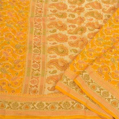 Sanskriti Vintage Yellow Indian Sarees 100% Pure Silk Woven Unique Sari Fabric