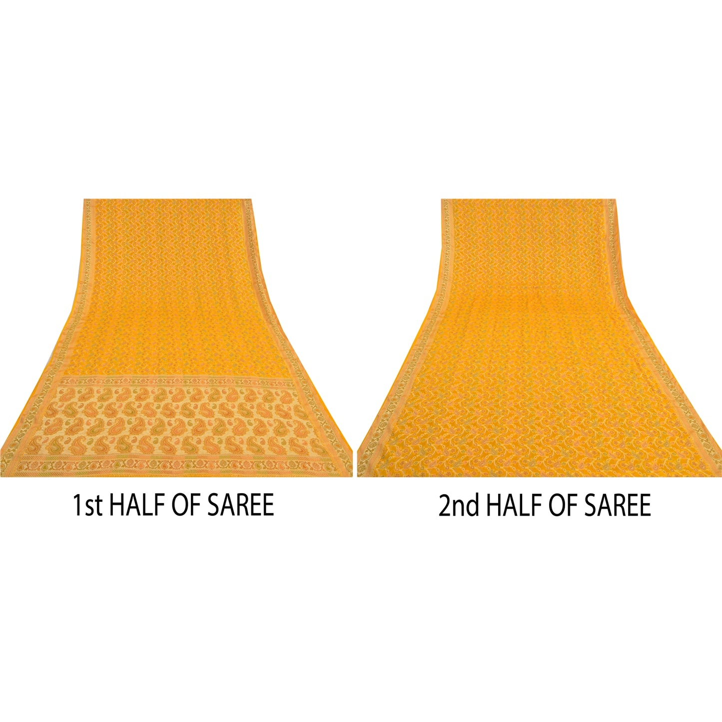 Sanskriti Vintage Yellow Indian Sarees 100% Pure Silk Woven Unique Sari Fabric