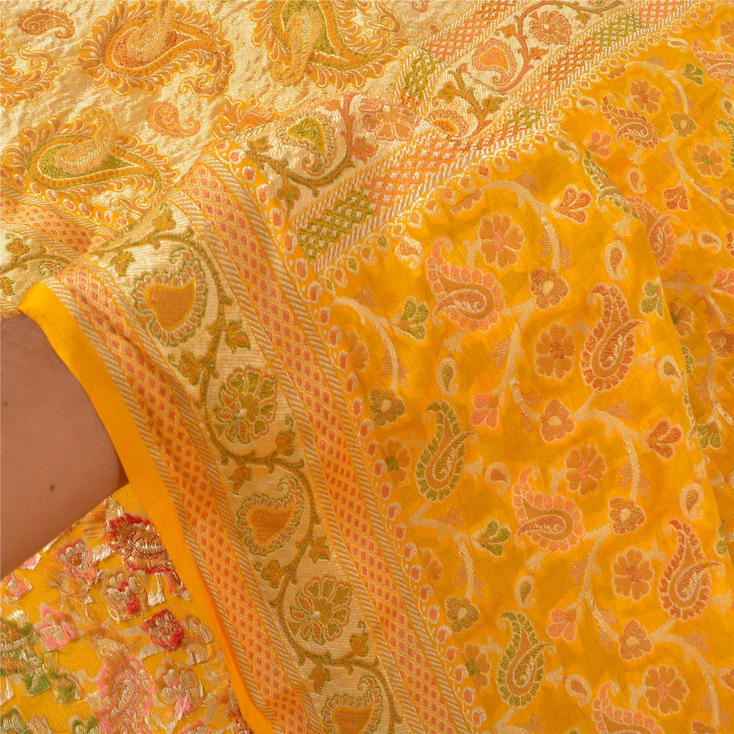 Sanskriti Vintage Yellow Indian Sarees 100% Pure Silk Woven Unique Sari Fabric