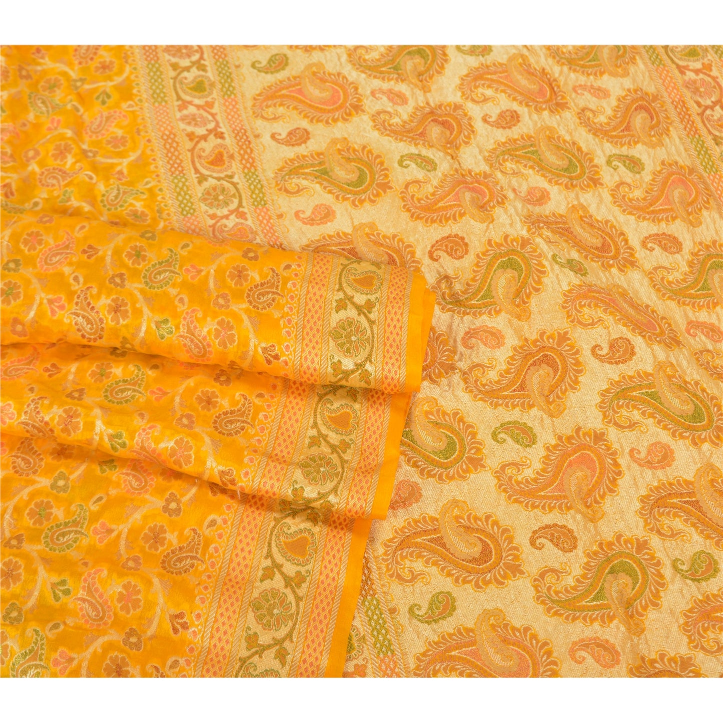 Sanskriti Vintage Yellow Indian Sarees 100% Pure Silk Woven Unique Sari Fabric