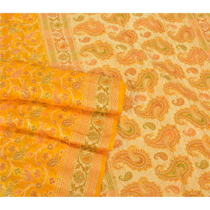Sanskriti Vintage Yellow Indian Sarees 100% Pure Silk Woven Unique Sari Fabric