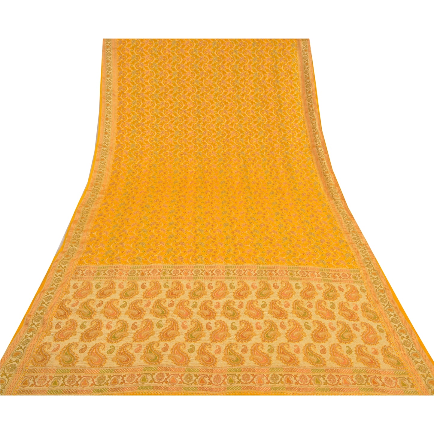 Sanskriti Vintage Yellow Indian Sarees 100% Pure Silk Woven Unique Sari Fabric