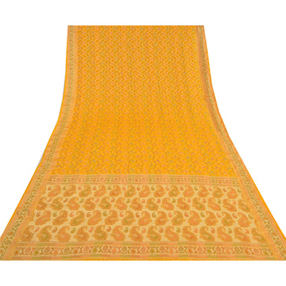 Sanskriti Vintage Yellow Indian Sarees 100% Pure Silk Woven Unique Sari Fabric