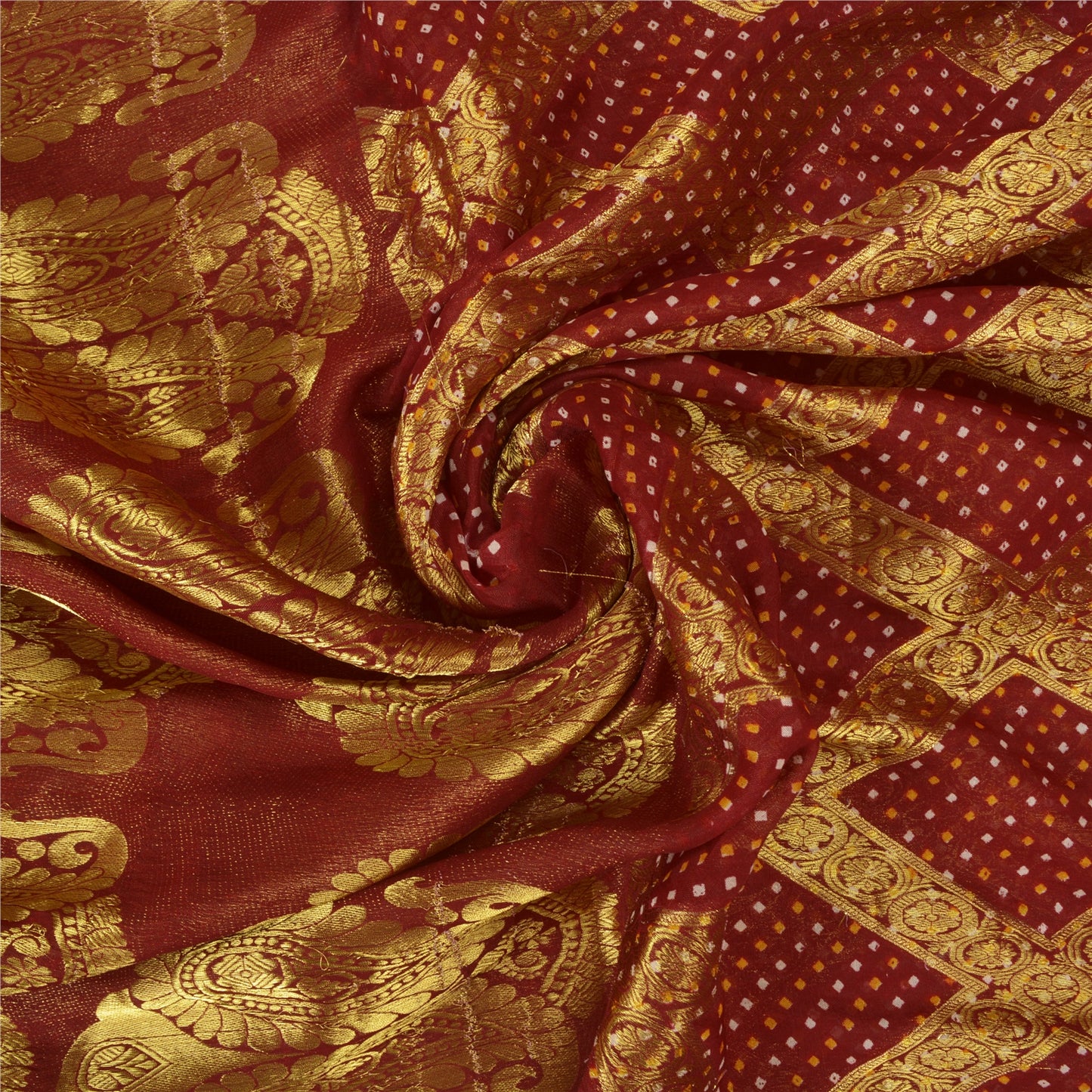 Sanskriti Vintage Dark Red Sarees Blend Georgette Brocade Bandhani Sari Fabric