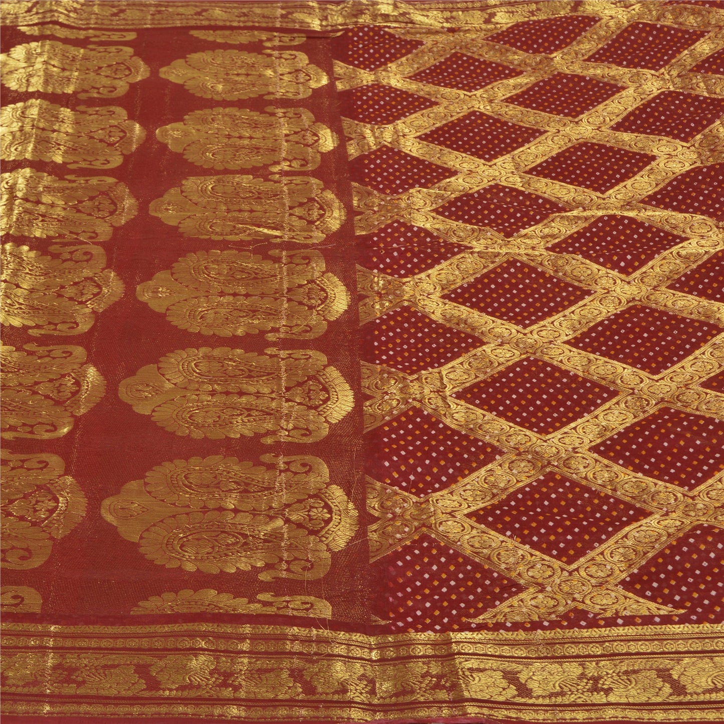 Sanskriti Vintage Dark Red Sarees Blend Georgette Brocade Bandhani Sari Fabric
