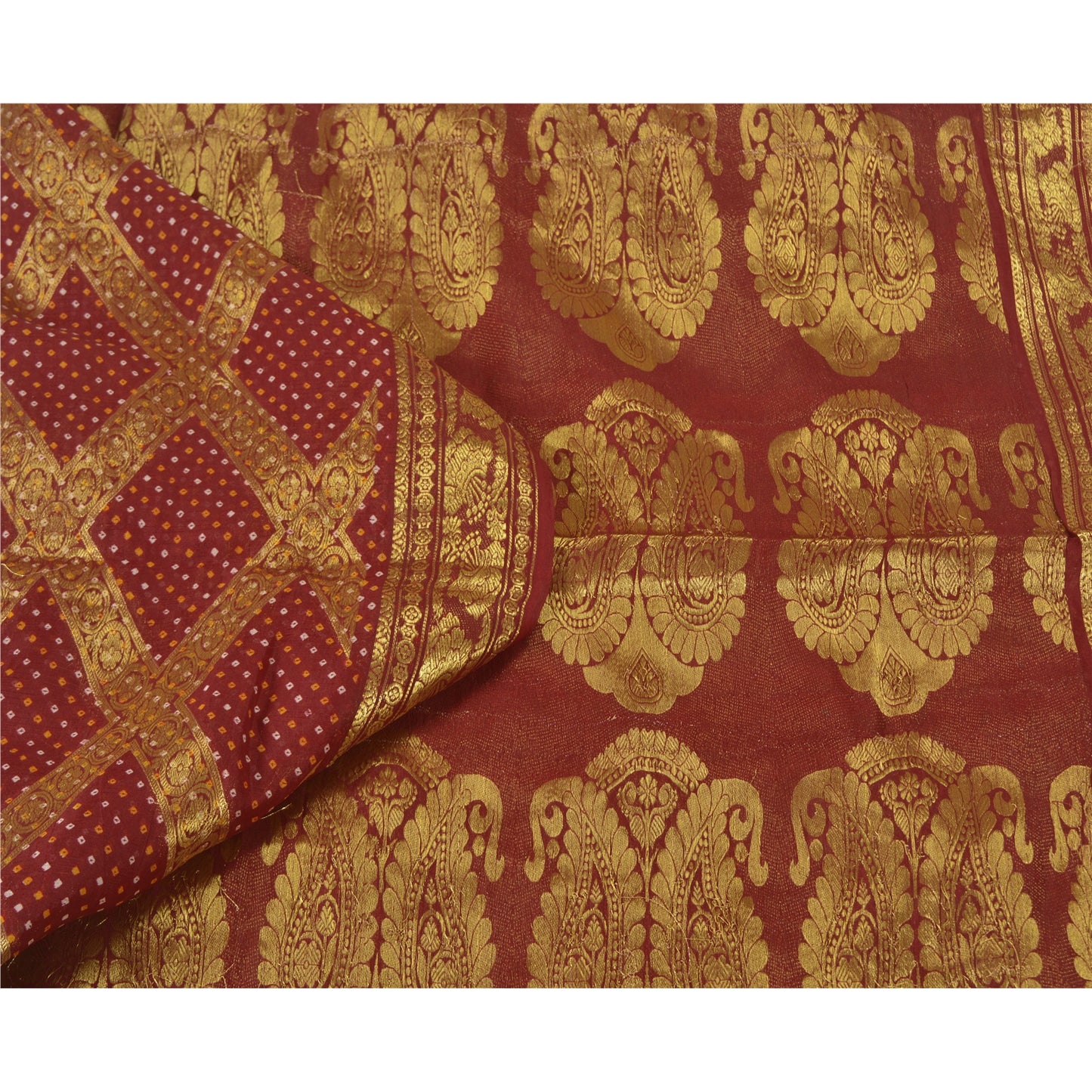 Sanskriti Vintage Dark Red Sarees Blend Georgette Brocade Bandhani Sari Fabric