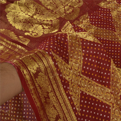 Sanskriti Vintage Dark Red Sarees Blend Georgette Brocade Bandhani Sari Fabric
