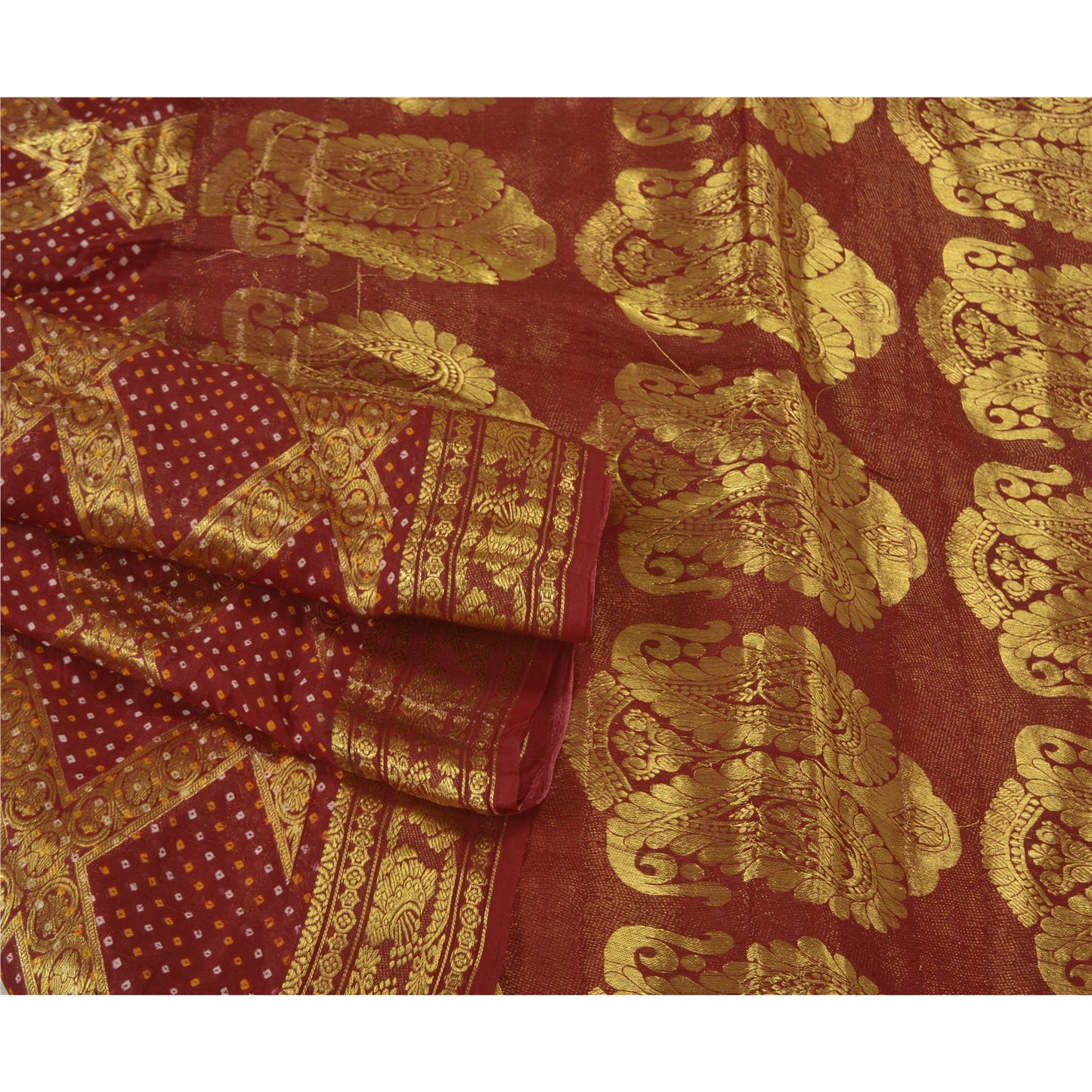 Sanskriti Vintage Dark Red Sarees Blend Georgette Brocade Bandhani Sari Fabric