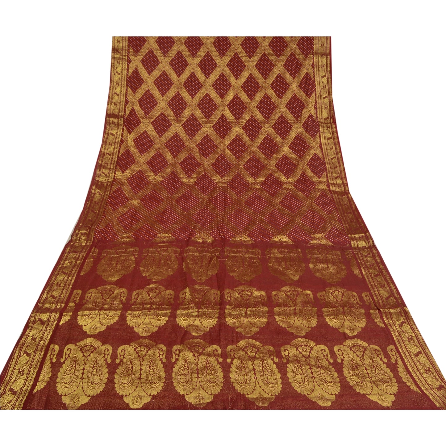 Sanskriti Vintage Dark Red Sarees Blend Georgette Brocade Bandhani Sari Fabric