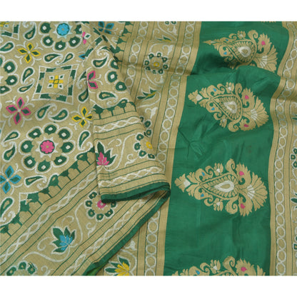 Sanskriti Vintage Green Indian Sarees Hand Woven 100% Pure Silk Sari 5yd Fabric