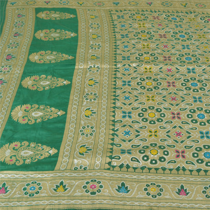 Sanskriti Vintage Green Indian Sarees Hand Woven 100% Pure Silk Sari 5yd Fabric