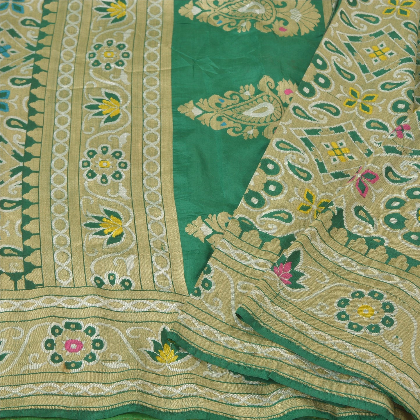 Sanskriti Vintage Green Indian Sarees Hand Woven 100% Pure Silk Sari 5yd Fabric