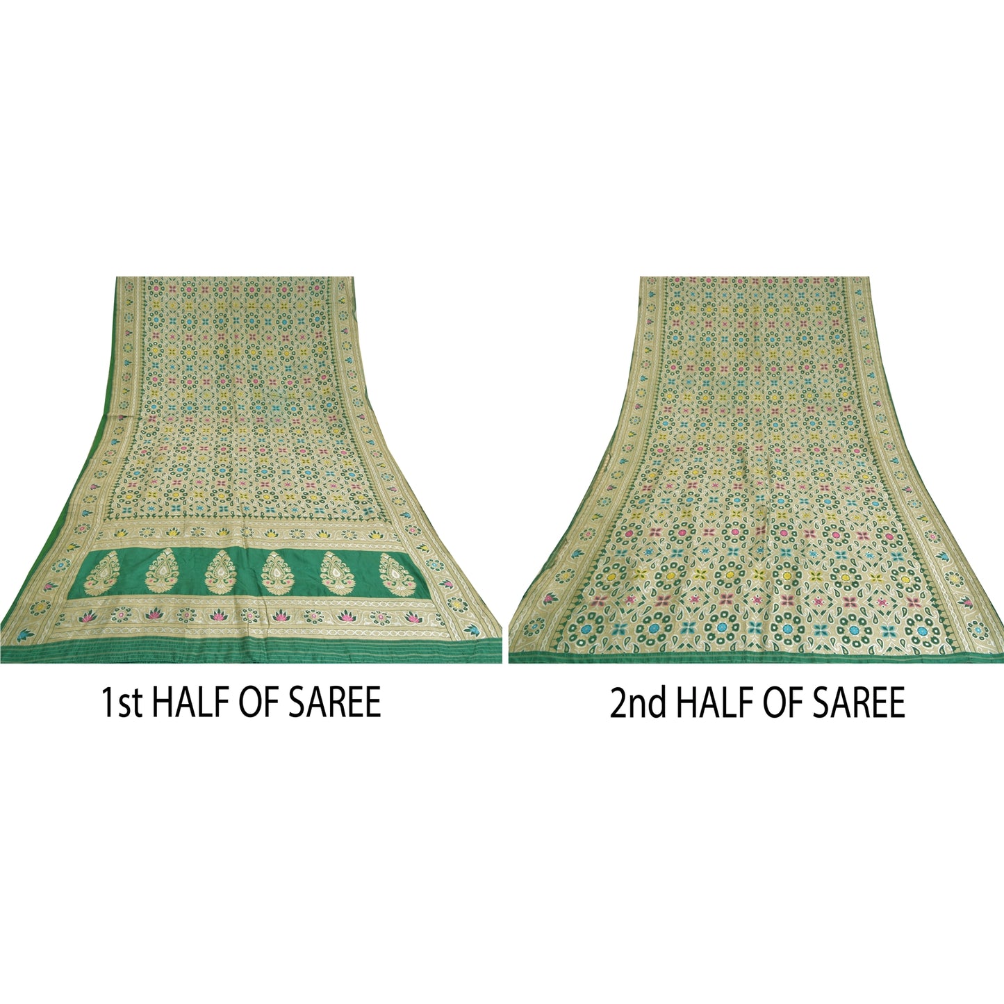 Sanskriti Vintage Green Indian Sarees Hand Woven 100% Pure Silk Sari 5yd Fabric