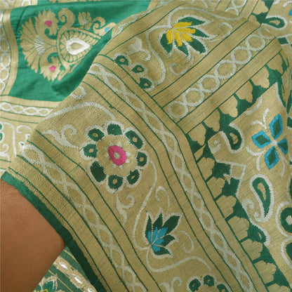 Sanskriti Vintage Green Indian Sarees Hand Woven 100% Pure Silk Sari 5yd Fabric