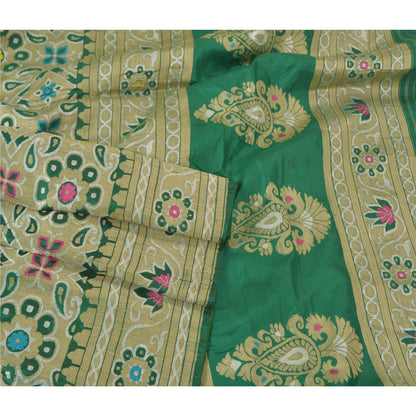 Sanskriti Vintage Green Indian Sarees Hand Woven 100% Pure Silk Sari 5yd Fabric