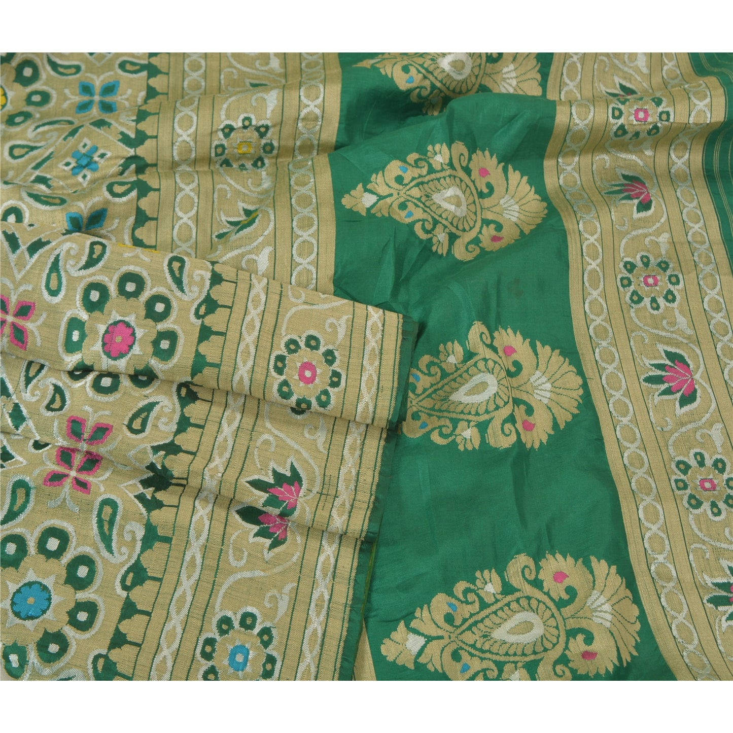 Sanskriti Vintage Green Indian Sarees Hand Woven 100% Pure Silk Sari 5yd Fabric